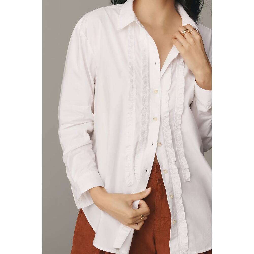 Anthropologie PILCRO New Linen Blend Tuxedo Ruffle Lagenlook Quiet Luxury Shirt